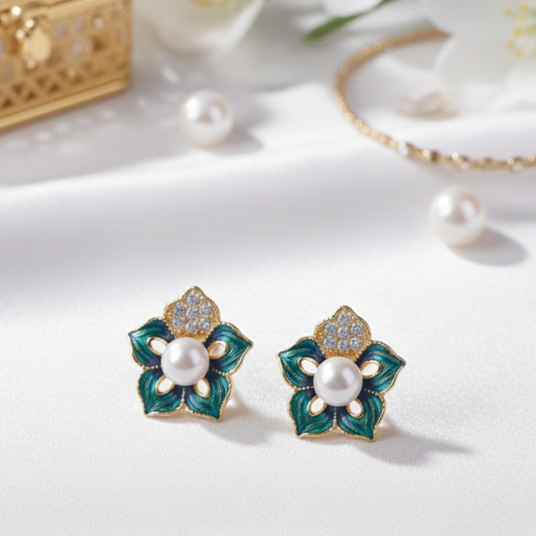 Veridian Petal Pearl Studs