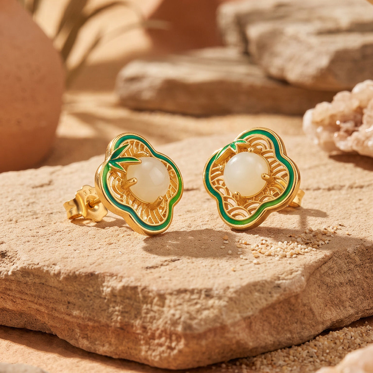 Emerald Bamboo Hetian Jade Studs