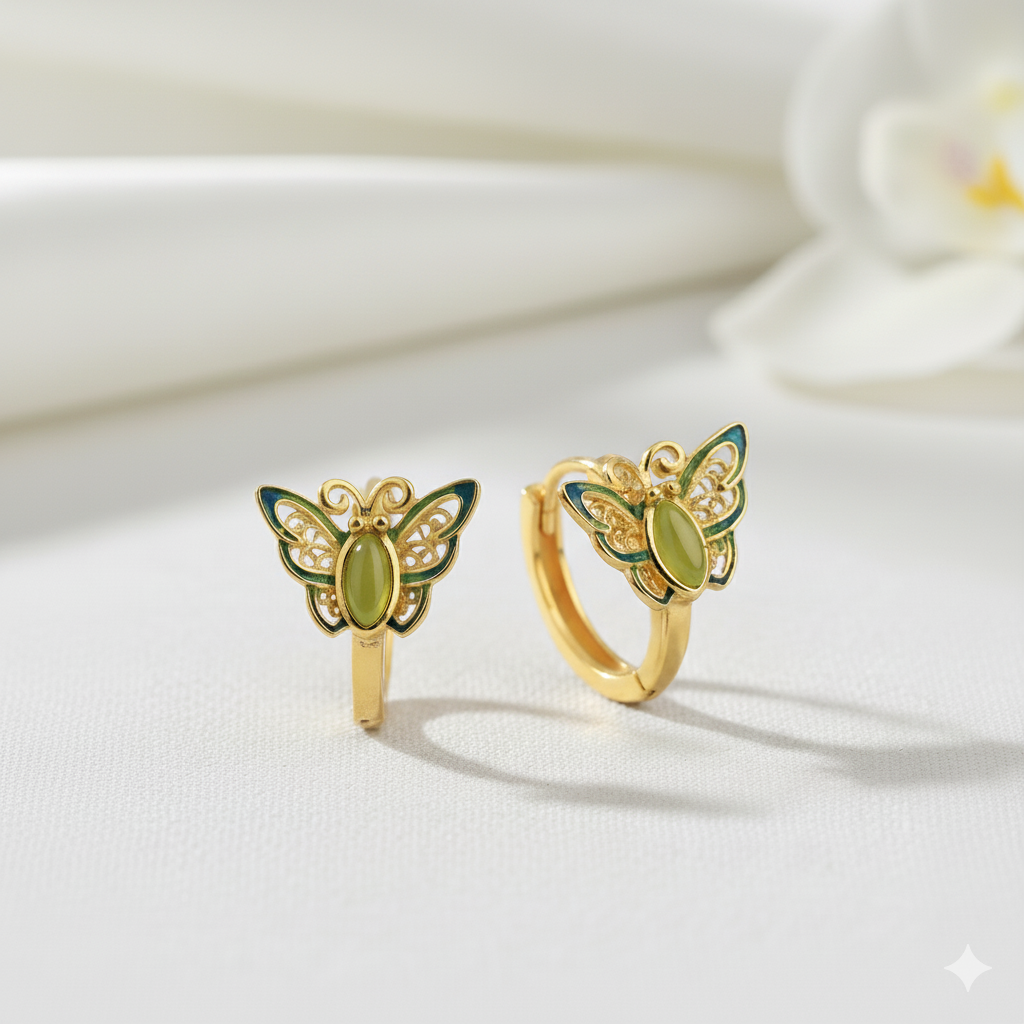 Enamel Butterfly Earrings with Nephrite