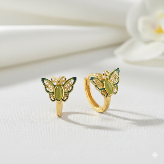 Enamel Butterfly Earrings with Nephrite