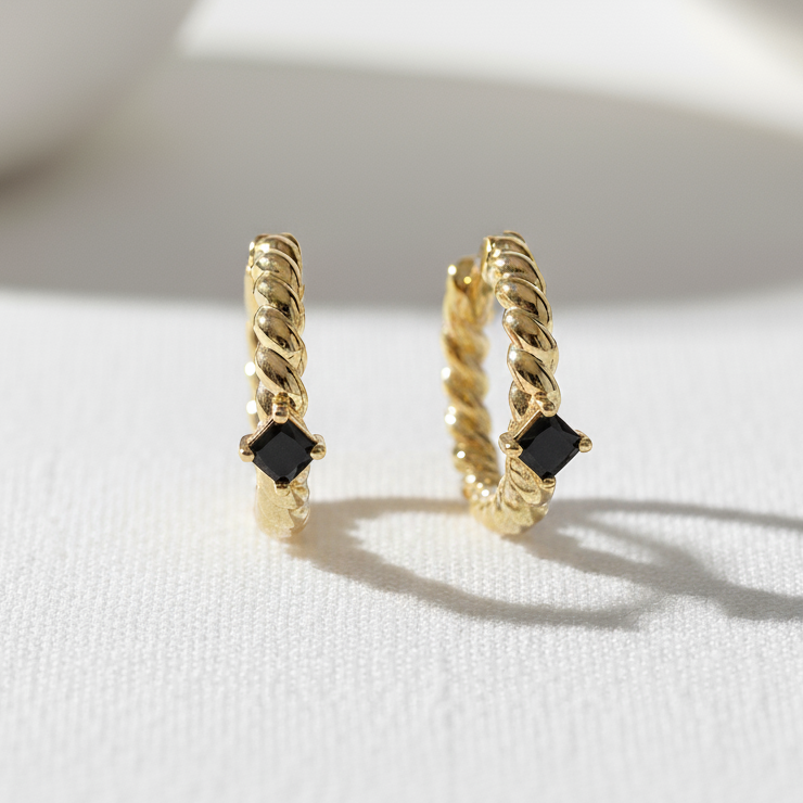 Black Stone Twist Flower Earrings